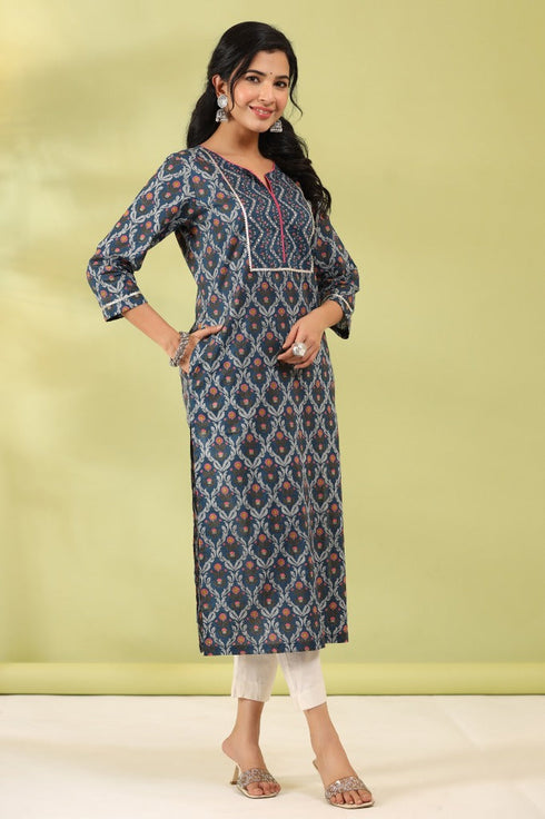 Women Blue Ethnic Printed Gotta Patti Straight Kurta